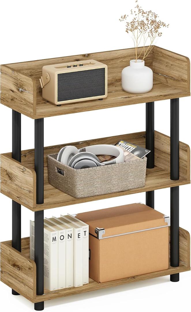 Furinno TURN-N-TUBE Display Shelf, 3-Tier Storage Shelves with Side Panels, Open Shelves Book Shelf with Rounded Corner Top Edges, for Organization and Storage, Living Room, Home Office, Flagstaff Oak, 3-Tier Display Rack
