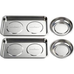 HORUSDY 4-Piece Large Magnetic Parts Tray Set, Stainless Steel Heavy Duty 9.5" W x 5.5''L Square and 4.5" Round Magnetic Trays Tools Parts Tray