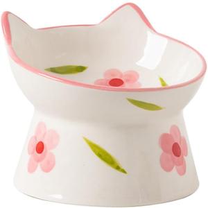 Ceramic Raised Cat Bowls, Anti Vomiting and Protect Pets' Spines for Indoor Cats Whisker Friendly Pet Feeder for Cats Puppies (Pink)