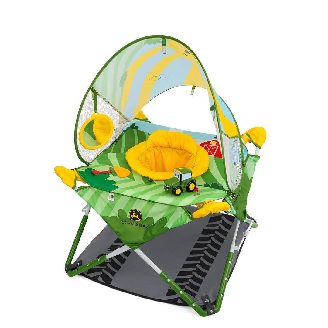 Bright Starts John Deere Pop 'N Jump Portable Baby Jumper, Foldable Indoor/Outdoor Baby Jumper with Sensory Activities, Ages 612 Months