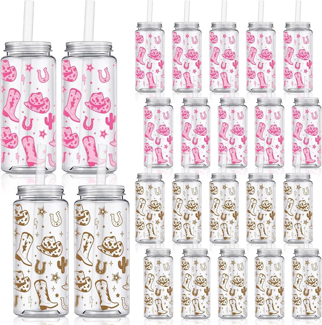 Qinyoung 24 Pcs Western Cowgirl Cowboy Plastic Tumbler 14.2 oz Cowgirl Party Favors Reusable Cups with Lids and Straws Decoration Iced Coffee Cup My First Rodeo Decorations(Classic Style,Multicolor)