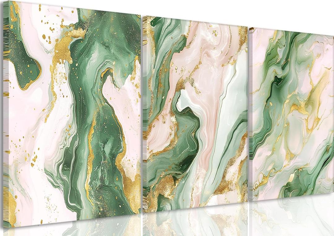 3Pcs Green and Gold Wall Art Emerald Green Abstract Boho Marble Wall Decor Modern Luxury Posters Prints Pictures Paintings Artwork for Living Room Bedroom Bathroom Home Decorations(16x24 in Canvas), 24"L x16"W