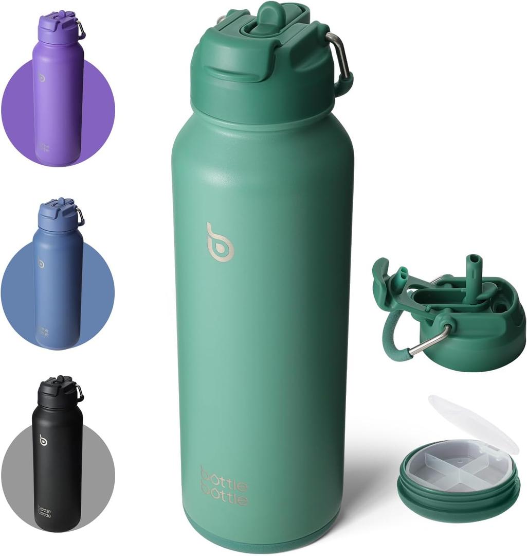 BOTTLE BOTTLE 40 oz sports water bottle stainless steel insulated water bottle with straw and pills holder, Green