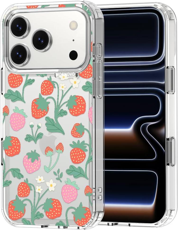 MOSNOVO for iPhone 17 Pro Case | Military Grade 6.6ft Drop Tested | Camera Control | Clear with Strawberry Garden Design