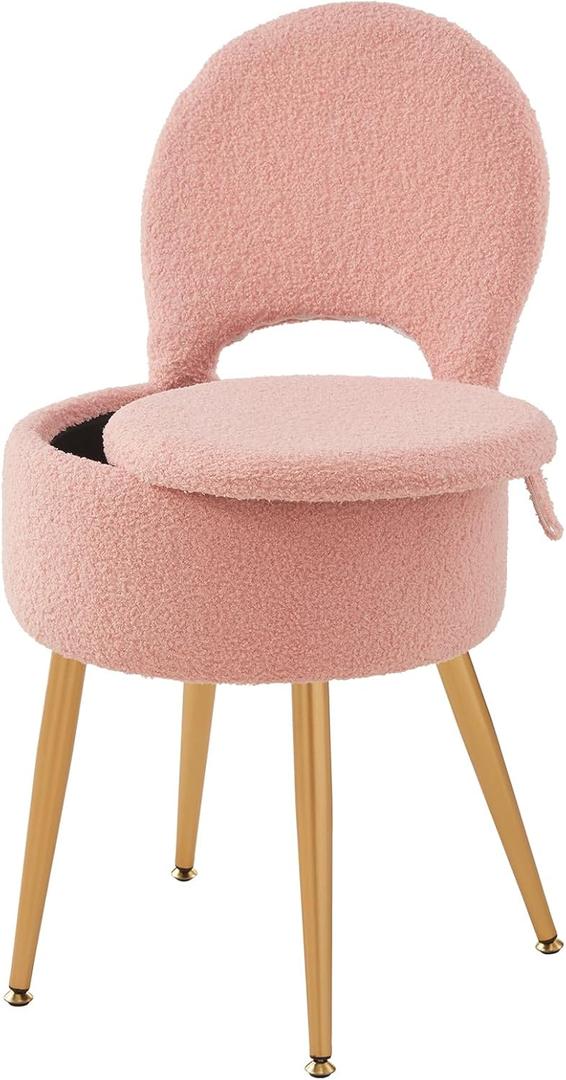 Small Vanity Stool Chair with Storage and Folding Back,4 Metal Legs with Anti-Slip Feet,Round Ottoman with Velvet Seat, Furry Padded Seat for Makeup, Bedroom (Black, Standard) (Pink)