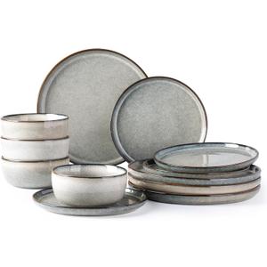 GBHOME Ceramic Dinnerware Sets for 4, 12 Pieces Stoneware Plates and Bowls Sets, Reactive Glaze Dishes -Scratch Resistant, Dishwasher&Microwave Safe, Green Wheat
