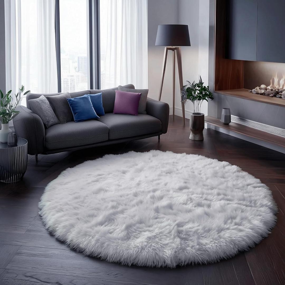 White Round Rug 6Ft for Bedroom, Circular Circle Area Rugs for Living Room, Large Soft Fluffy Shaggy Carpet for Teen Girls Boys, Kids Home Decor Aesthetic, Plush Throw Rugs for Dorm Nursery Playroom,  6' (Round), White