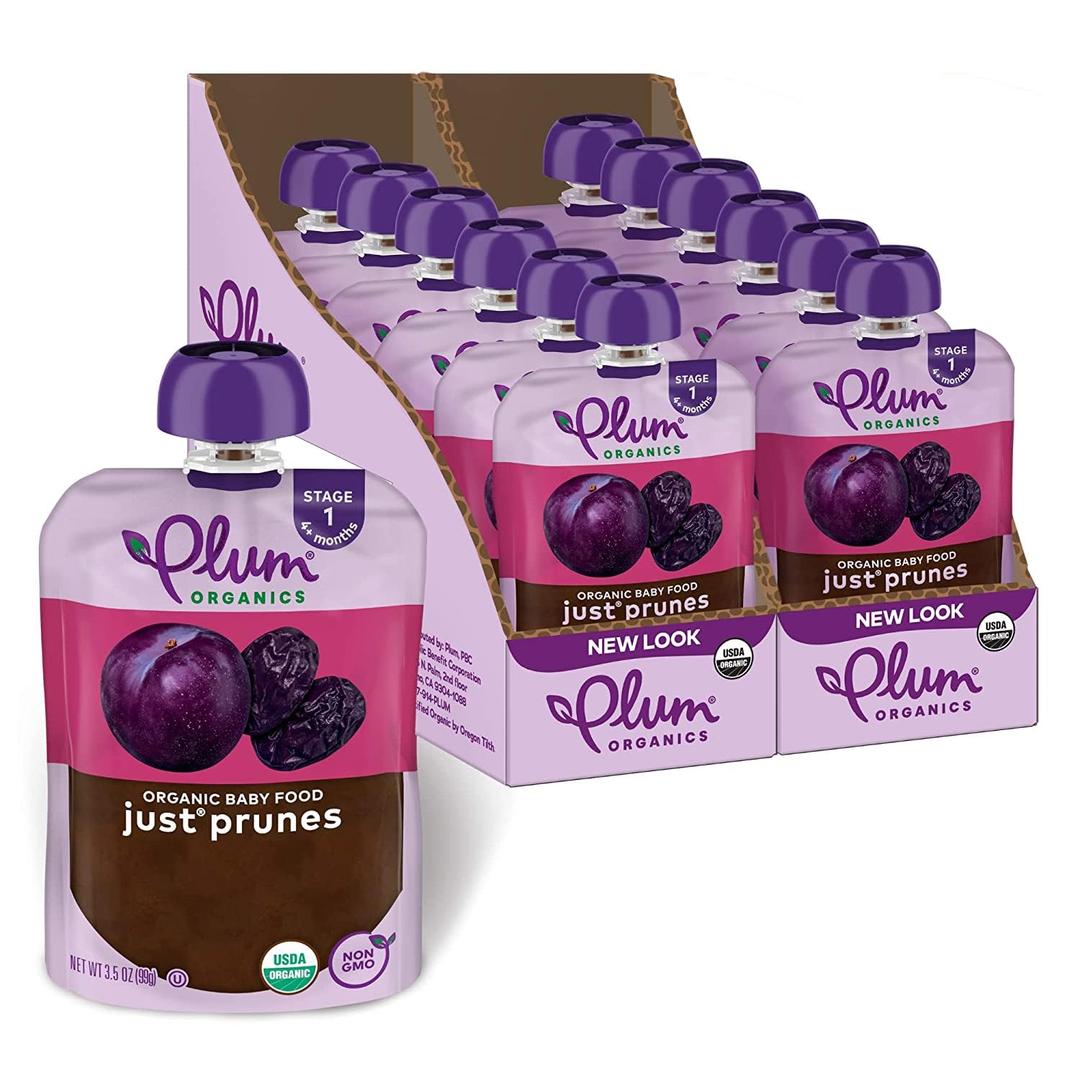 Plum Organics - 4+ Months Organic Baby Food Pouches - Just Punes - Non-GMO - Fruit & Veggie Blends On-The-Go Pouches for Baby & Toddler Meals - Quality Tested Ingredients - 3.5 oz (Pack Of 12), BBD: JUL 21/2029