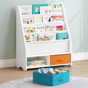 UTEX Kids Bookshelf with Storage Bins, Book Shelf for Kids Rooms, 4-Tier Toddler Sling Bookshelf for Nursery, Living Room, Bedroom, White