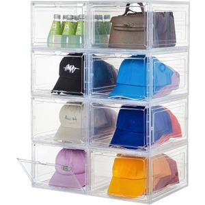 Attelite Upgrade Harder Solid Plastic Hat Organizer for Baseball Caps, 8 Pack Stackable Hat Storage Box with Clear Magnetic Door, Hat Rack(XL-Clear)