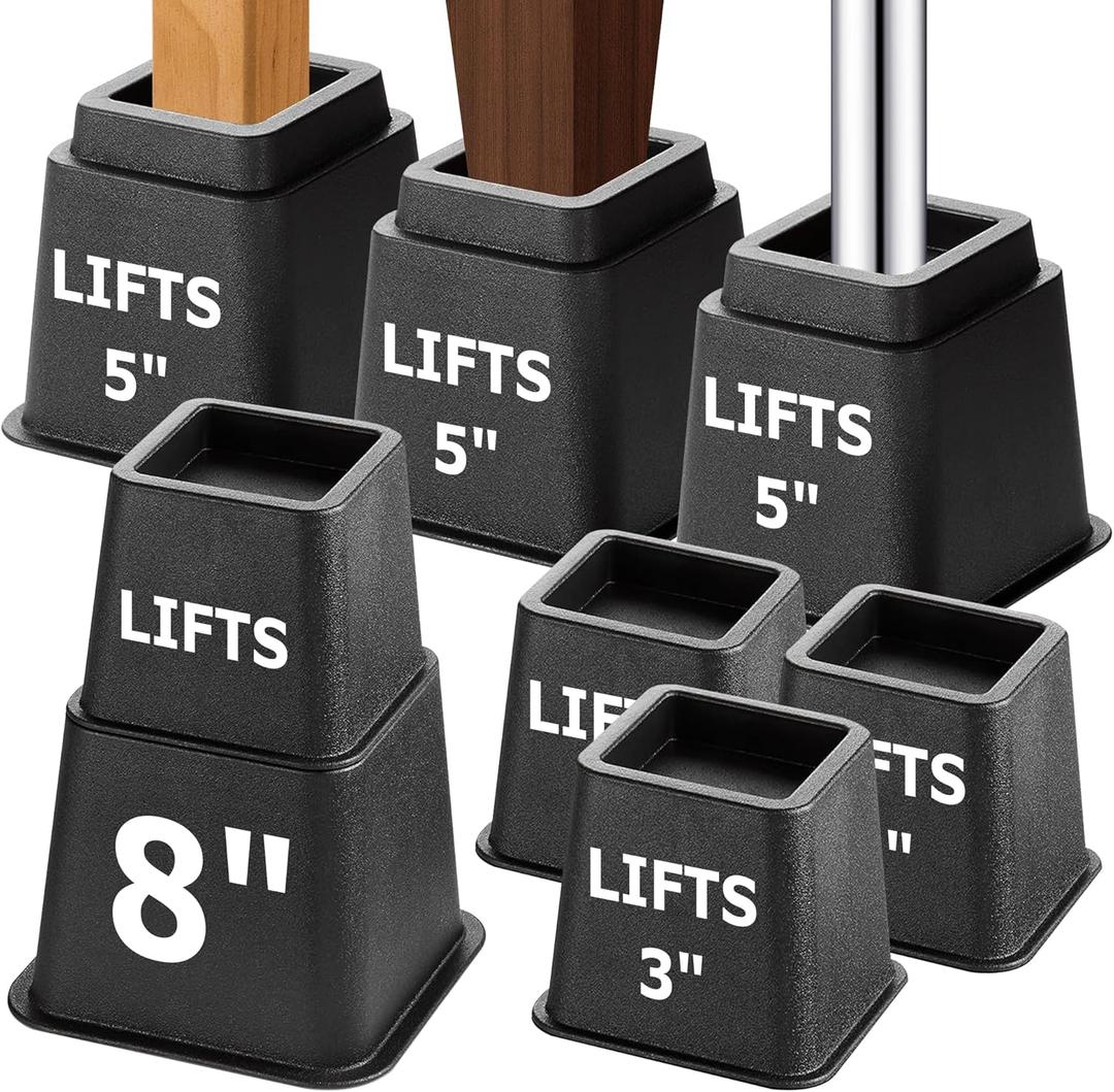 RALWY 8-Pack Bed Risers Furniture Risers - 3, 5, 8 Inch 3-in-1 Combination Furniture Lifts, Heavy Duty for Couch,Bed Frame,Table Cabinet - 1300lbs Capacity per Riser, Black