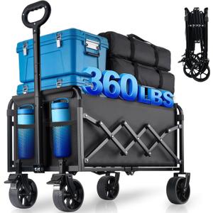 Collapsible Wagon Cart Foldable with Wheels - 360LBS Large Heavy Duty Folding Utility Wagon with All-Terrain Wheels & Brakes for Shopping Garden Beach Camping, 2 Drink Holders/Lightweight/Black