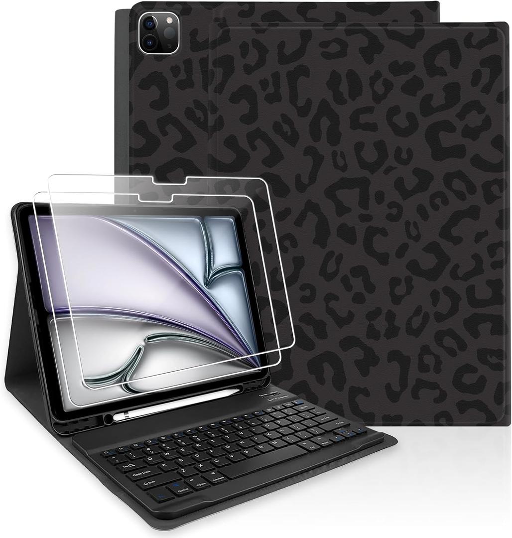 TopPerfekt Keyboard Case for iPad Air 13-inch (M3 2025 / M2 2024) with 2 Pack 9H Hardness Tempered Glass Screen Protector, Pencil Holder - Black Leopard