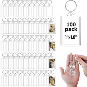 100 Pack Acrylic Photo Keychain Bulk, Clear Photo Keyrings for 1.8"x1.1" Pictures, Shatterproof Acrylic Keychains with Split Rings, DIY Custom Keyring Frames for Gifts, Parties & Crafts