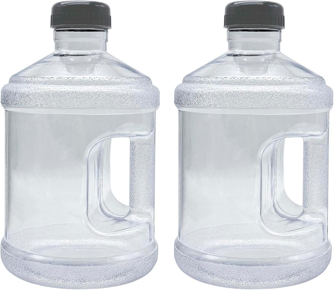 QISF 2 Pieces Water Bottle 1 Gallon Round Plastic Water Jug with Handle Screw Cap Reusable Leak Proof Bottle for Camping Outdoor Travel Caravans Gym Use