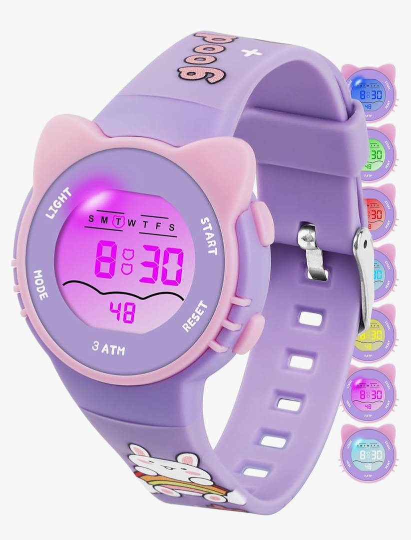 Kids Digital Analog Watches for Girls Boys, 7 Color Lights Waterproof Cute Wristwatches for Kids with Alarm Stopwatch, Great Present for Girls Boys Ages 5-13 Purple