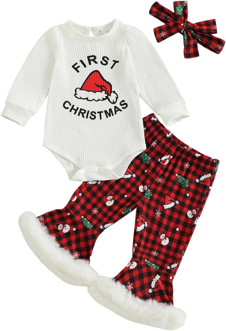 Baby Girl My 1st Christmas Outfits Letter Long Sleeve Romper Tops+Bell Bottom Pants+Headband 3 Pcs Clothes Set (6-12 Months, X- White Plaid Red)