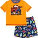 Disney Cars UPF 50+ Rash Guard Shirt and Swim Trunks Outfit Set Toddler to Little Kid Sizes (2T - 7-8) (Orange / Navy, Mater)