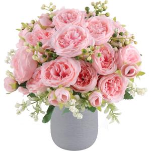 Pusuny Artificial Peonies Silk Flowers, 4 Bundles Faux Peony Bouquet Florals Arrangements for Farmhouse Home Boho Wedding Table Centerpiece, Fake Plastic Flower Bulk for Vase Decoration (Light Pink)