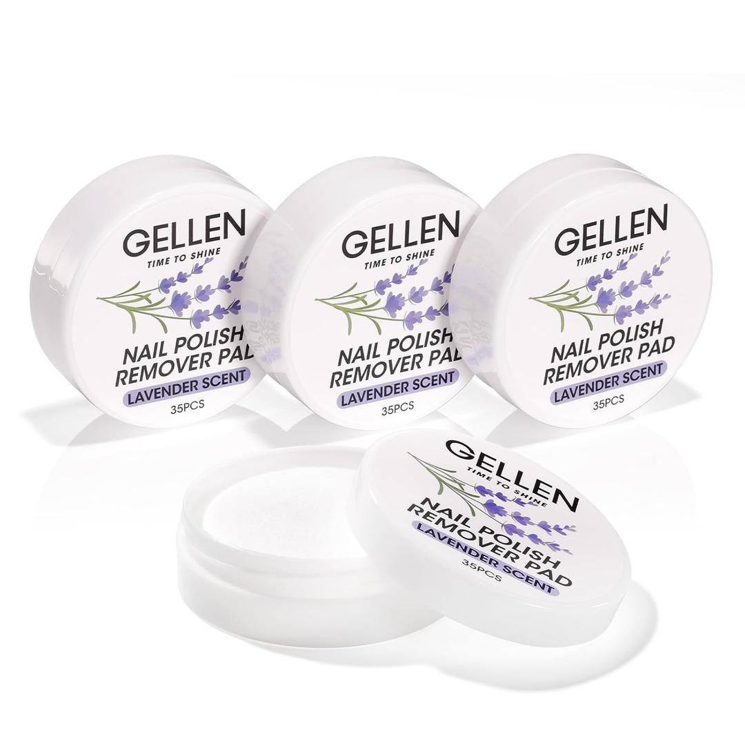 Gellen Nail Polish Remover Pads, Perfect for Travel, Outdoor | Non-Acetone, Jojoba & Vitamin E | 140pcs Lavender Scent Wipes For Finger Toe Nails, No Leakage, Looks Dry But Works, Not for Gel Polish