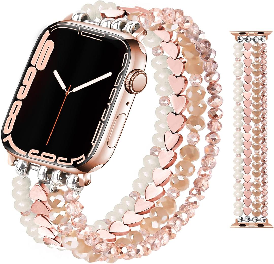 JR.DM Beaded Bracelet Bands for women Compatible with Apple Watch 40mm 38mm 41mm 44mm 42mm(S10/11) Fashion Cute Dressy Stretchy Handmade Strap for iWatch Series 11/10/9/8/7/6/5/4/SE 3/2/1(Rose/Gold)