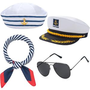 Yacht Captain Hat, Sailor Hat Costume Accessories Set with Navy Scarf and Sunglasses, Nautical Hats for Men Women