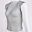 Women's Sexy Sheer Mesh Rhinestone Sleeveless Beach Cover Up Crop Top Shirts (S)