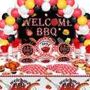 Capoda 165 Pcs Summer BBQ Party Supplies Picnic Barbecue Decorations BBQ Background Cloth with Rope Picnic Plastic Tablecloth Barbecue Tableware Set for Birthday Baby Shower Party Decor