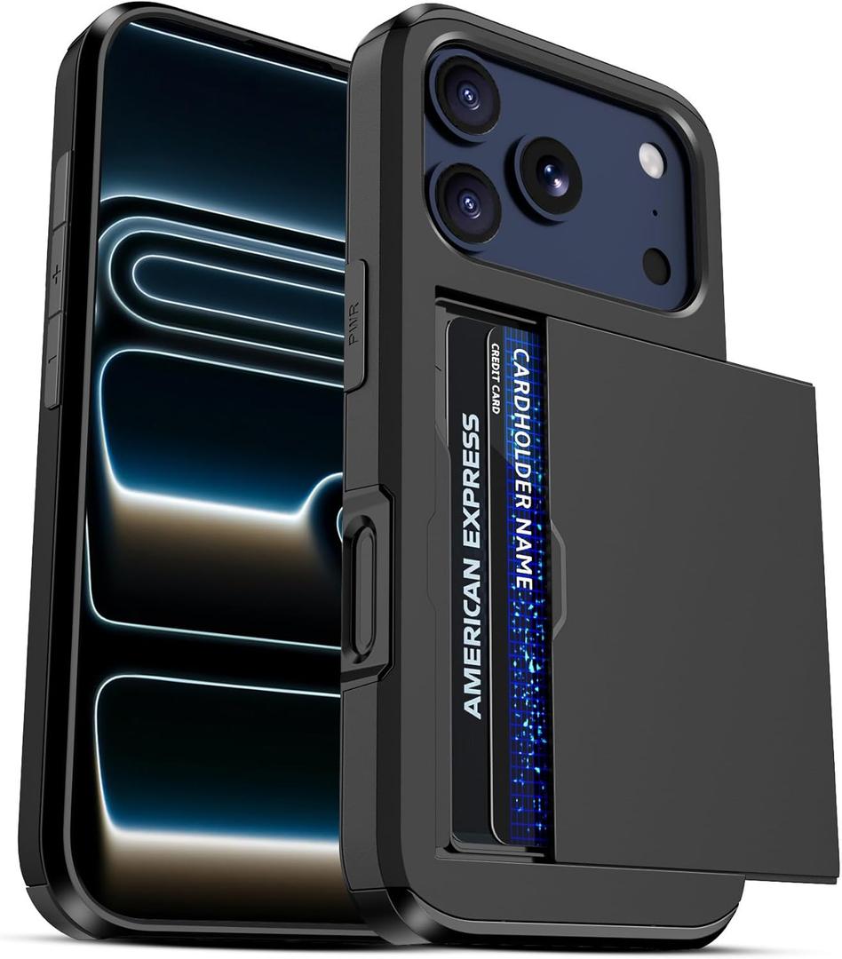 Jiunai for iPhone 17 Pro Case Wallet Card Holder for 2 Cards CC IDs License Hidden Slide Card Slot Pocket Hybrid Protective Phone Case for iPhone 17 Pro 6.3 2025 Women Men - Black