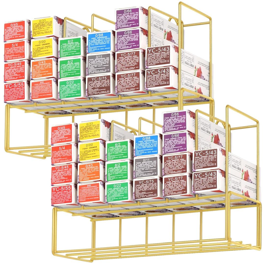 Hair Color Organizer for Salon - 2 PCS Metal Hair dye Tube Racks Storage Wall Mounted Cabinet (Gold)