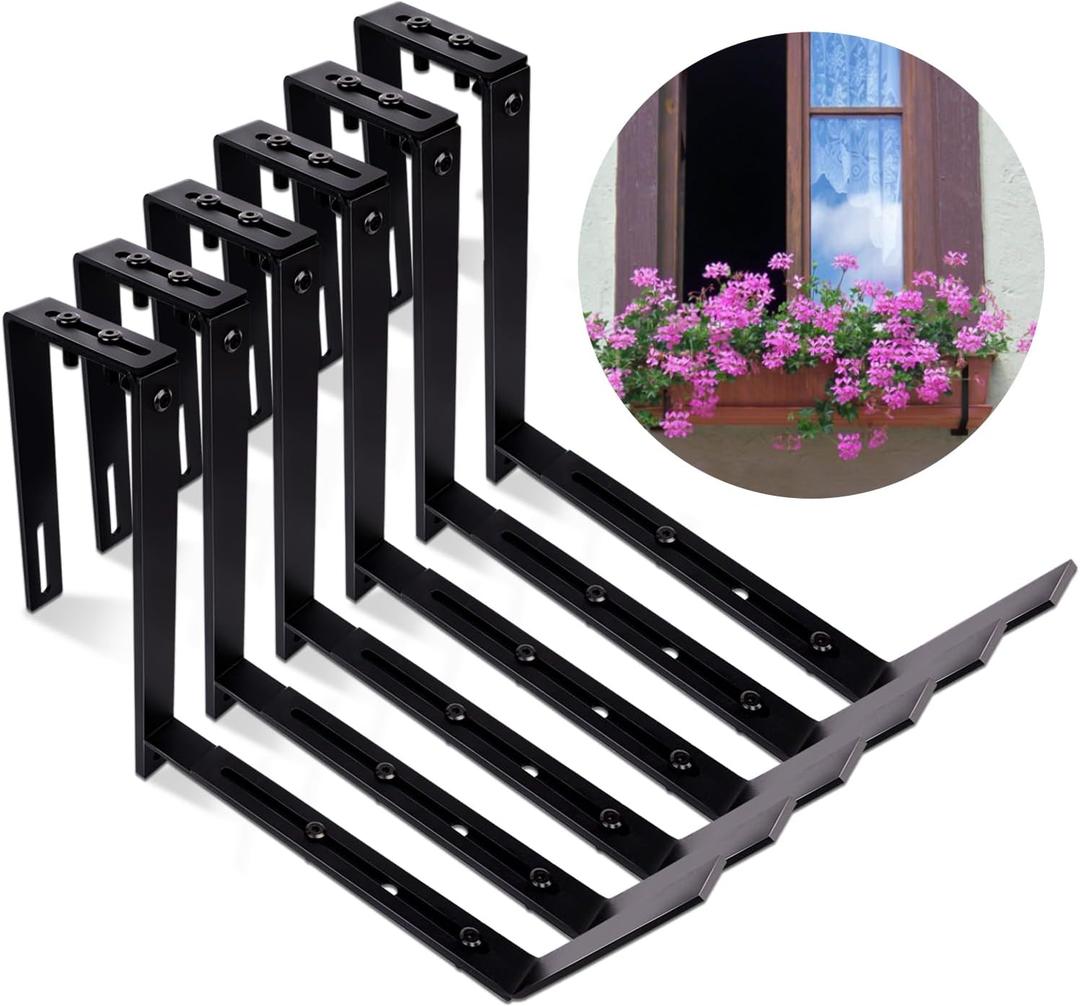 6 Pcs Adjustable Planter Box Brackets, Heavy Duty Window Flower Box Brackets, Iron Railing Planter Holder for Balcony Fence Pergola Patio Garden Windowsill (Black, 6-12.5 Inch)