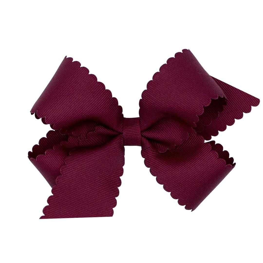 Wee Ones Girls' Classic Grosgrain Hair Bow with Scalloped Edges and Plain Wrap Center on a WeeStay Hair Clip, Medium, Burgundy