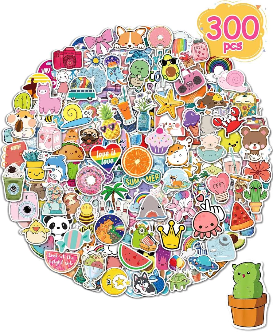 Stickers for Water Bottles, 300 Pcs/Pack Cute Vinyl Waterproof Laptop Sticker for School Students Gifts Supplies Classroom Teachers Prizes Stocking Stuffers Stickers for Kids Girls Teens