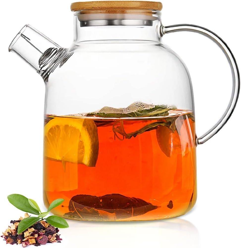 60.8oz Glass Teapot, Stovetop & Microwave Safe Glass Borosilicate Tea Pot,Clear Teapot with Strainer, Glass Tea Kettle with Wooden Lid, Loose LeafFruit Tea and Fragrant Tea