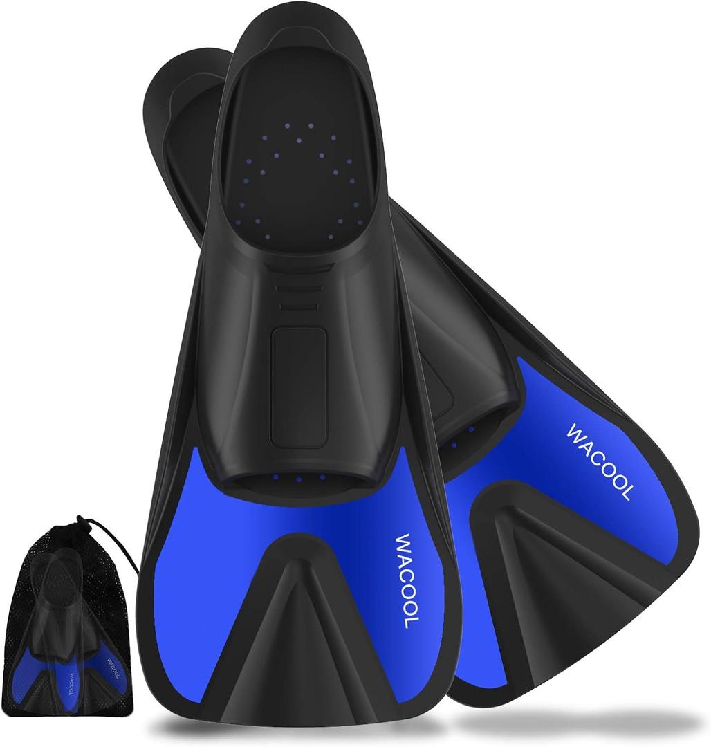 WACOOL Adult Short Light Full Foot Pocket Travel Size Fins Short Blade Fins Flippers for Snorkeling Diving Scuba or Swimming Training (X-Large, Blue)