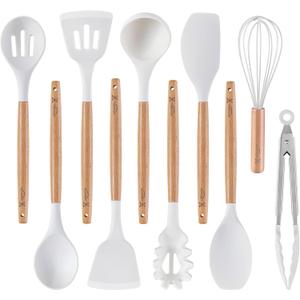 Silicone Cooking Utensils Set, MONGSEW Heat Resistant Kitchen Utensils for Cooking with Wooden Handle, Spatula Turner Spoon Tongs Whisk (WHITE, Smile Dog Pattern)