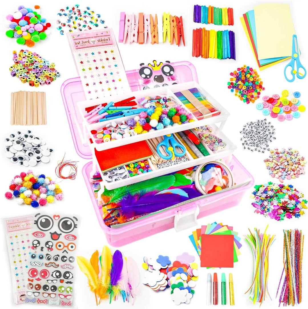 SMILESSKIDDO Arts Craft Supplies for Kids - 1100+ PCS Toddler DIY Craft Art Supply Set, Portable 3 Layered Folding Storage Box School Craft Projects - Gifts for Girls Ages 4-8, 8-12, Pink