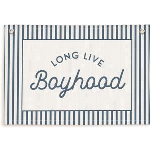 Lacama Vintage Blue Long Live Boyhood Boys Room Decor, Boy Nursery Decor, Linen Banner Wall Hanging Canvas Banner Flag Decor for Toddler Boy Room Nursery 30x20 Inch