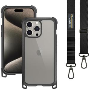 MAGEASY Case with Strap for Phone 15 Pro Max - Heavy Duty 16ft Drop Protection, Premium 6.7" Crossbody Case with Lanyard for Around The Neck - Odyssey + Strap | Embedded Leather Frame