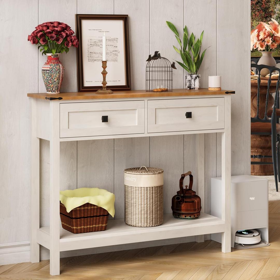 Trironsun Farmhouse Console Table with 2 Drawer for Entryway Rustic Sofa Table with Open Storage Shelf Hallway Table with Wooden Frame for Bedroom Living Room, 39.4 Inch