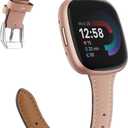 Moolia Compatible with Fitbit Versa 4/Versa 3/Sense 2/Sense Band for Women Slim Strap, Top Grain Genuine Thin Leather Replacement Wristband for Women for Versa 4/Versa 3 Watch Band, Sand Pink