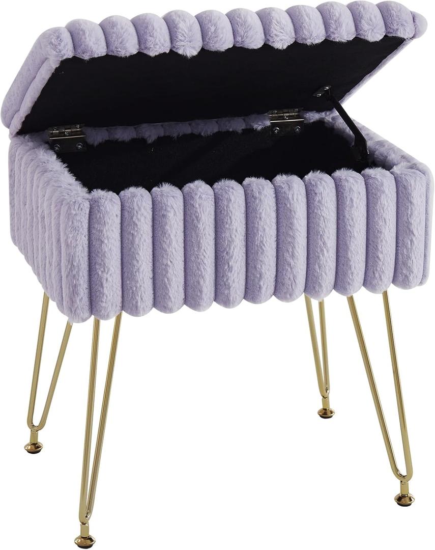 Vanity Stool Chair with Storage, Faux Fur Stools for Vanity Makeup, Foot Stool Ottoman with 4 Metal Legs, Small Vanity Bench Seat Chairs for Living Room Bedroom