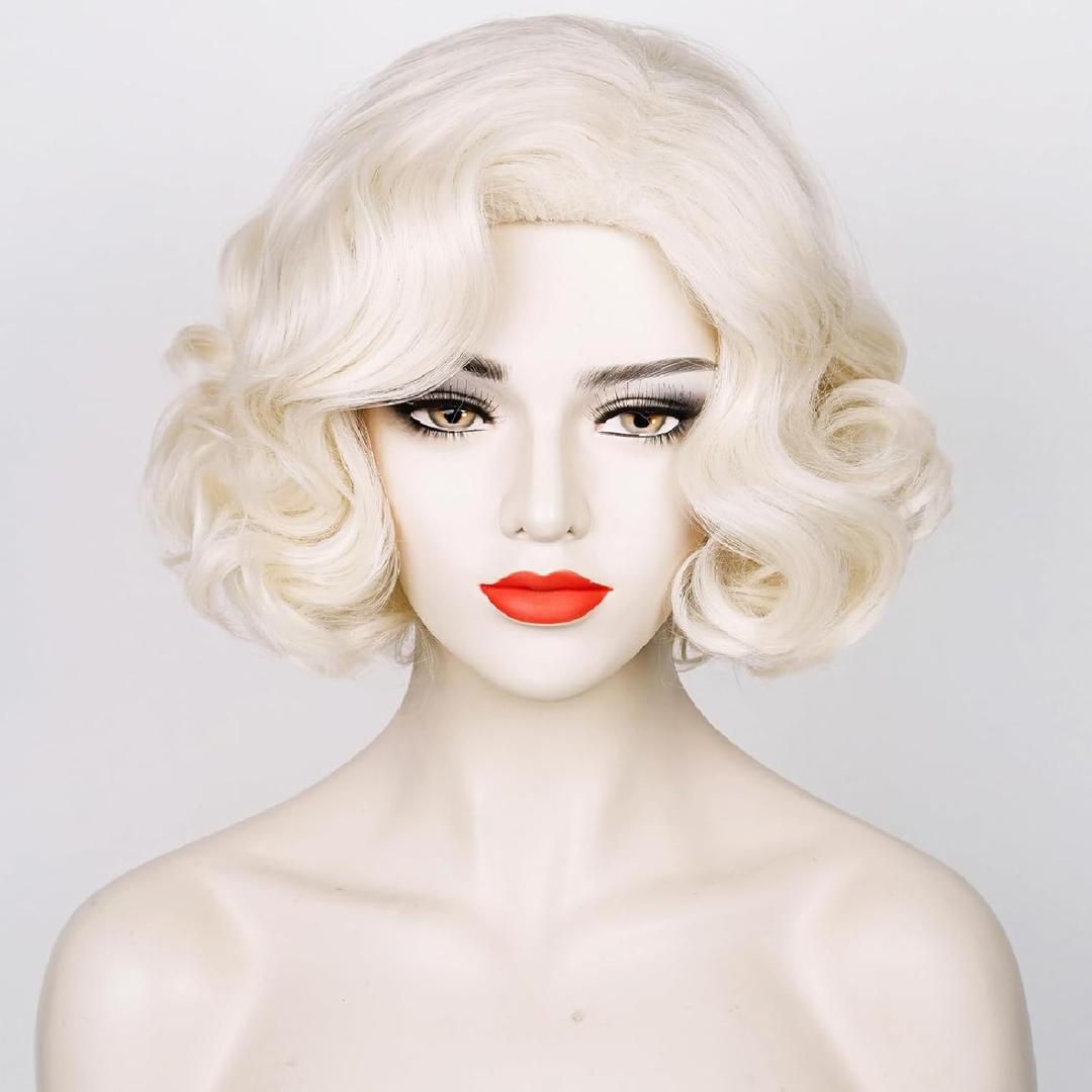 Wiggy Mermaid Short Blonde Curly Wig for Women, Finger Wave Wig 1920s Platinum Blonde Vintage Flapper Synthetic Hair Wig + Cap for Halloween Costume Party Cosplay