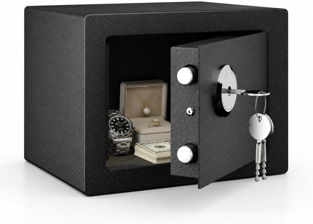 Mini Jewelry Lock Box, Black, 0.23 Cubic Feet
Small Safe Box with Key Lock, Compact Steel Security Safe, For Closet Shelf, For Nightstand, For Personal Valuables