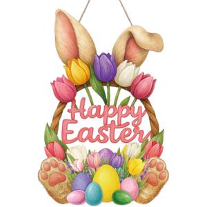 Yinkin Happy Easter Door Decoration Easter Wreaths for Front Door Bunny Floral Bucket Hanging Sign Welcome Wood Sign Wall Hanging Eggs Plaque Decoration for Shop Garden Home Party Supplies(Bunny Ear)
