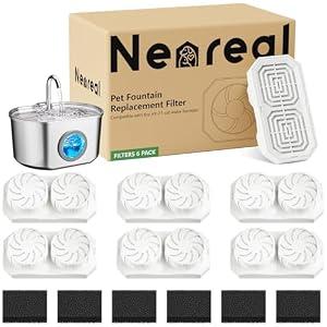 Neareal Cat Water Fountain Replacement Filters & Pre-Filter Sponges Compatible with 74oz/ 2.2L Stainless Steel Pet Fountain (6 Filters & 6 Sponges)