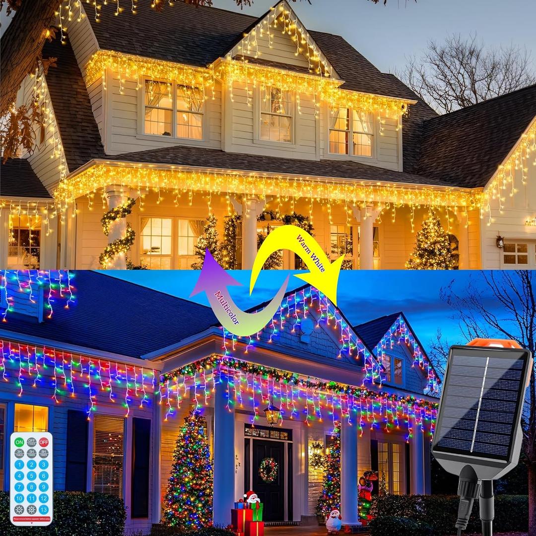 Solar Christmas Lights Outdoor 640LED 16Ft+60Ft, Color Changing Solar Icicle Lights Waterproof with 13 Modes Rechargeable for Outside Roof Fence Christmas Decorations (Warm White to Multicolor)