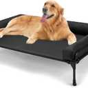 Veehoo Elevated Raised Dog Bed-Cooling Outdoor Dog Cot Bed for Large Sized Dogs Three-Sided Fence Raised Pet Cot with Mesh & No-Slip Feet Dog Hammock Bed with Removable Bolster-41 x 27" Black