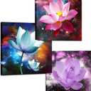 Biuteawal 3 Panels Flowers Wall Art Blooming Lotus Water Lily Picture Elegant Pink Blue Purple Floral Painting Canvas Print Framed Modern Home Bedroom Living Room Decor Ready to Hang