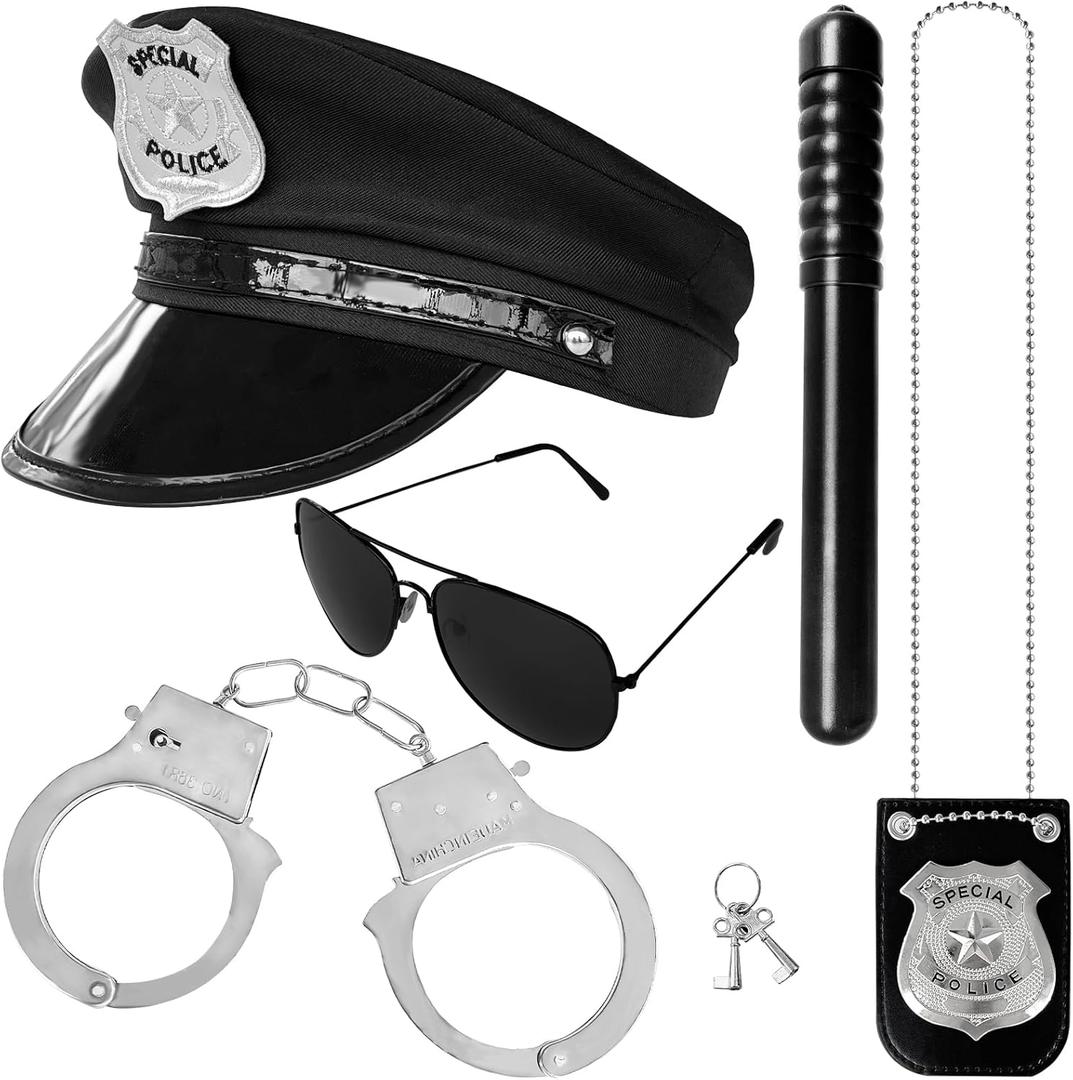 Bvrbaory 5PCS Police Pretend Costume Accessories,Police Pretend Play Toy Set for Kids,Mens Police Officer Accessory with Policeman Hat,Sunglass Handcuffs for Halloween Dress Up Costumes